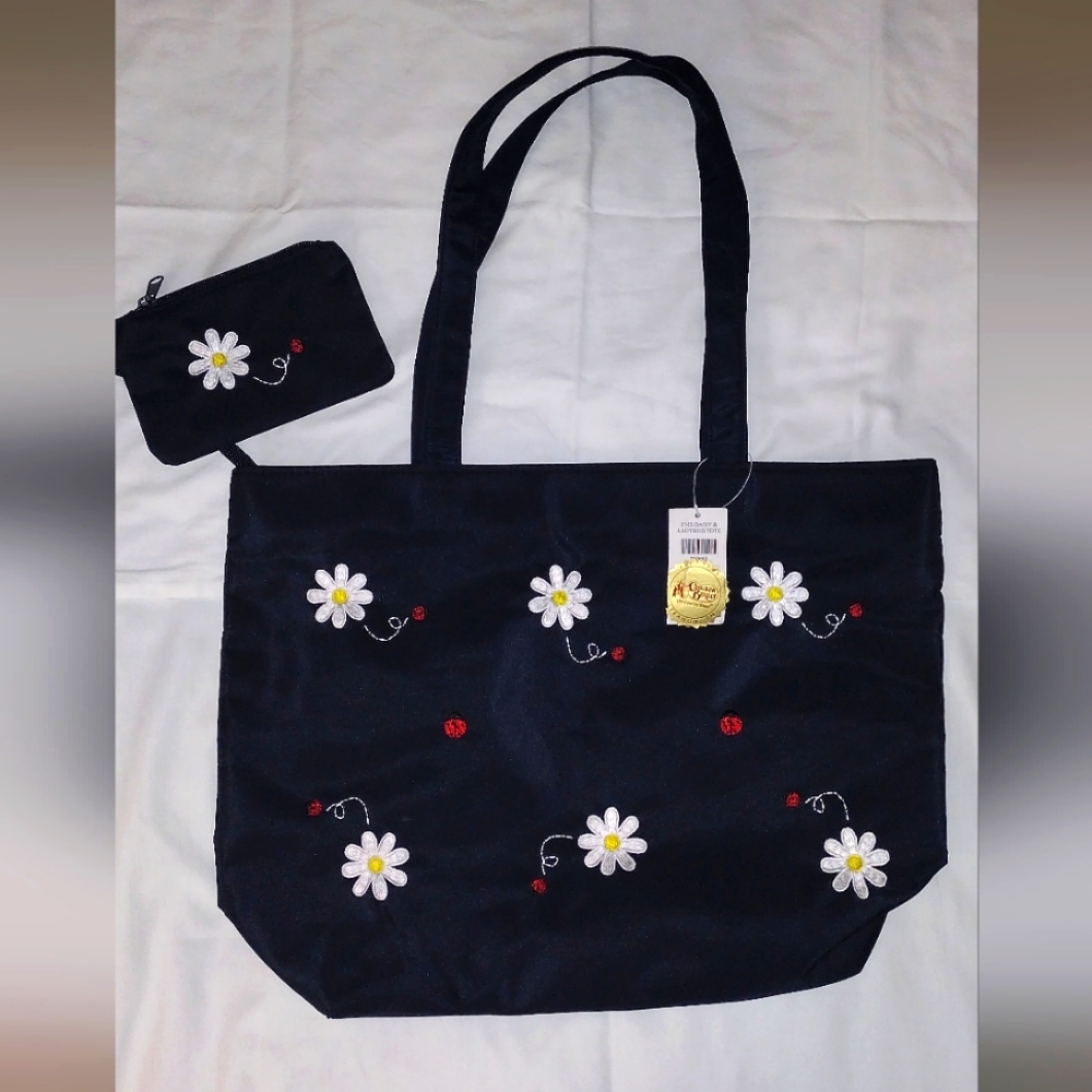 Cracker Barrel Black Daisy & Lady Bug Tote Bag W/ Detachable Coin Purse NWT